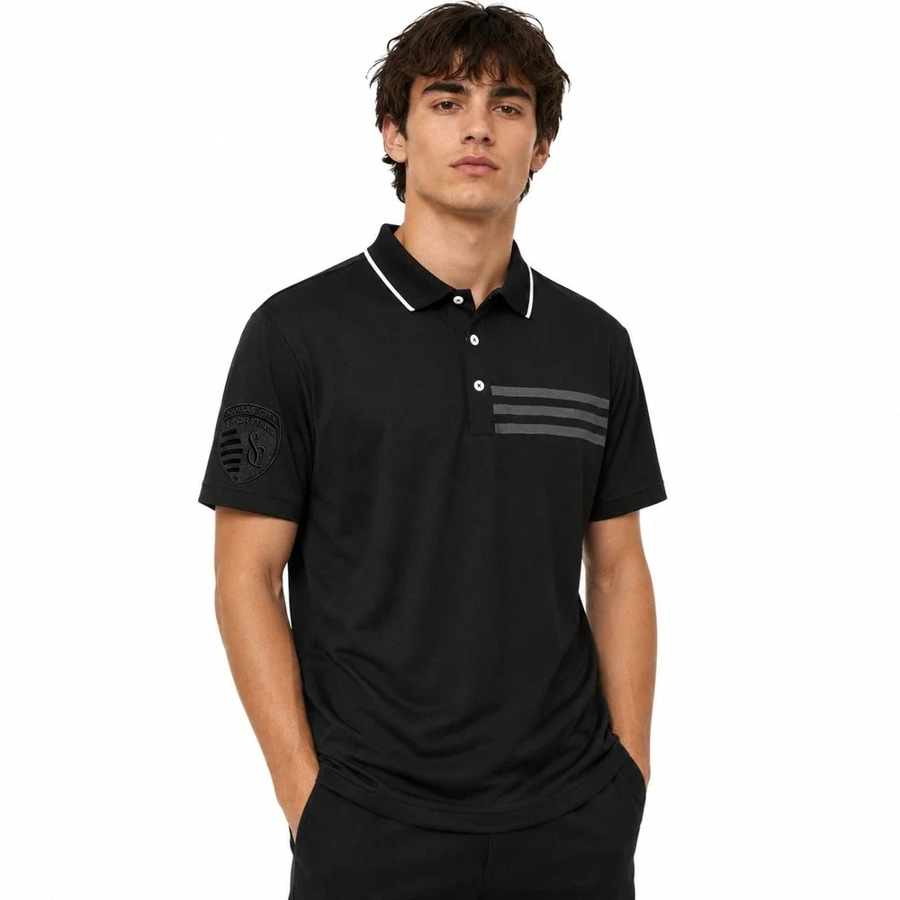 Adidas Golf Polo Shirt Mens Large Black Stripe Sporting Kansas City MLS Patch